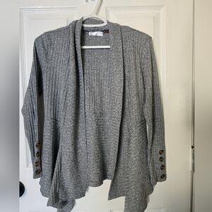 Madison Gray Ribbed Open-Front Cardigan with Button Cuffs